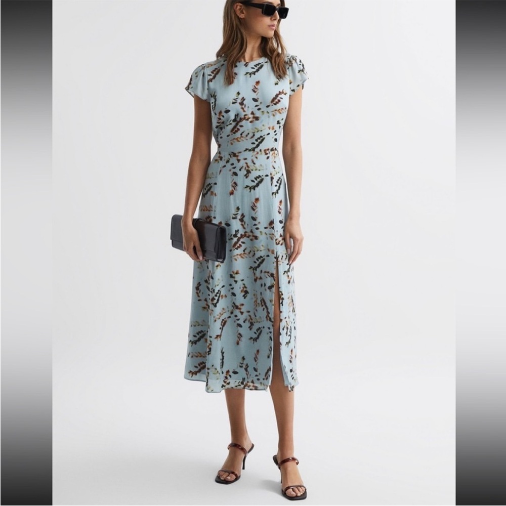 Reiss Livia blur floral midi dress in blue; US size 10/UK size 14; NWT
